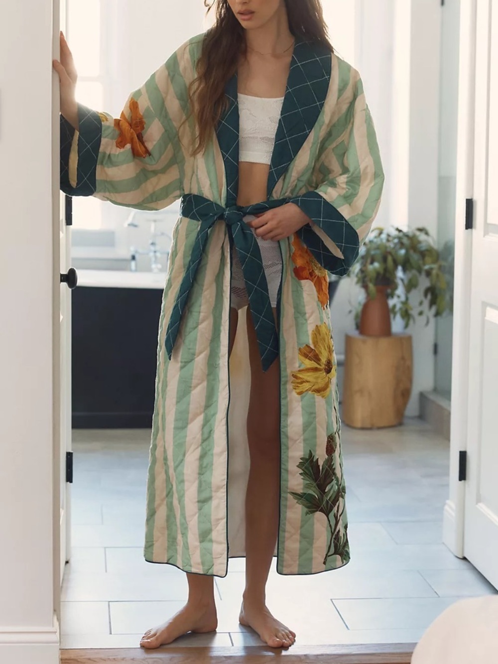Missing Belt Anthropologie Nay Bellamy x LyreBird Quilted Printed Flannel Robe